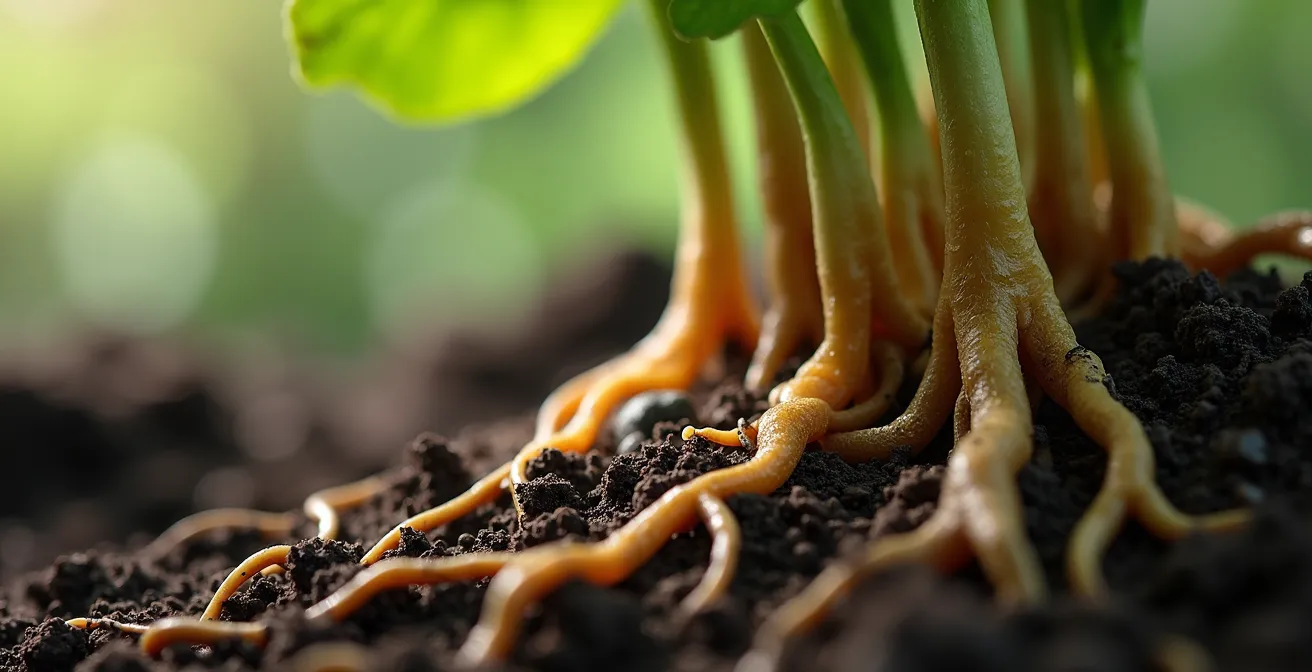 Vue macro détaillée d'une racine de plante entourée de champignons mycorhiziens symbiotiques dans un sol riche en micro-organismes
