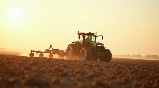 Vue photographique réaliste d'un champ agricole moderne avec un semoir direct en action, éclairage cinématographique doux, textures fines de la terre, profondeur de champ avec bokeh naturel, composition équilibrée avec espace négatif.