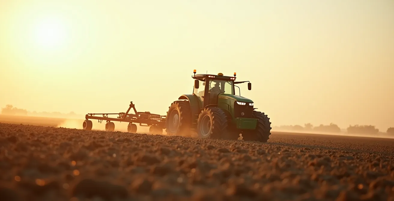 Vue photographique réaliste d'un champ agricole moderne avec un semoir direct en action, éclairage cinématographique doux, textures fines de la terre, profondeur de champ avec bokeh naturel, composition équilibrée avec espace négatif.