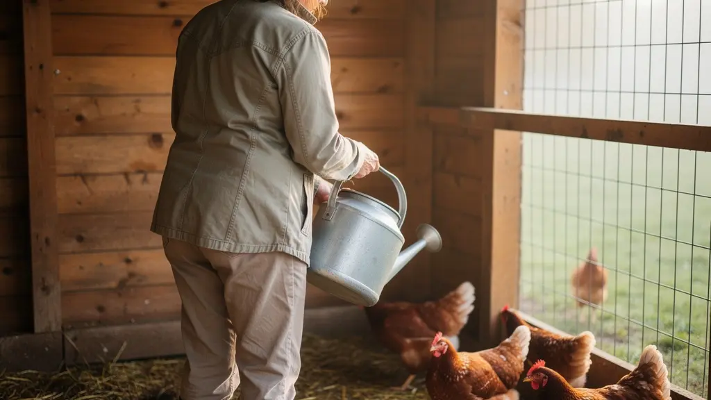 Éleveuse remplissant un abreuvoir siphoïde dans un petit poulailler en bois