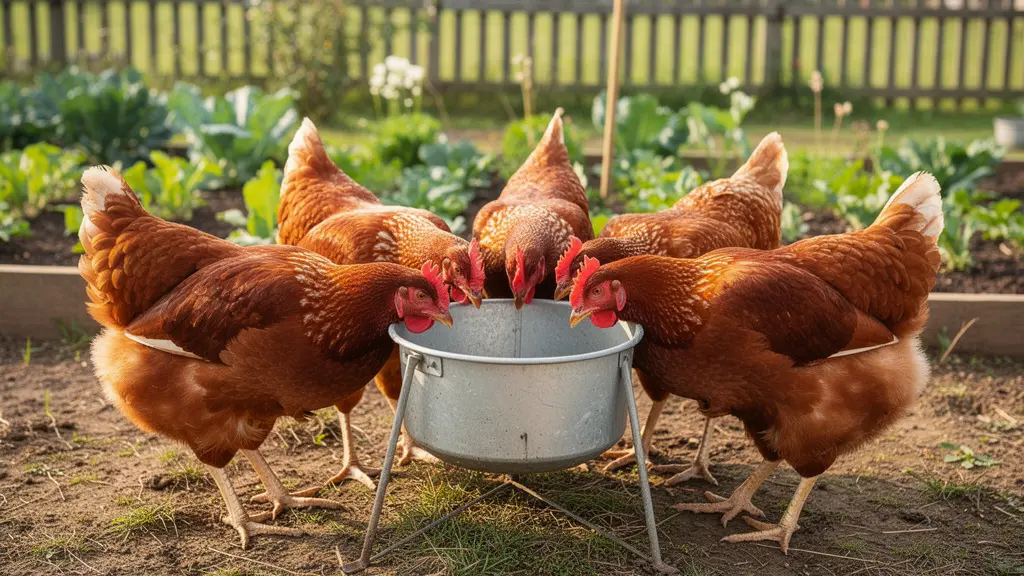 Poules rousses s'abreuvant autour d'un abreuvoir galvanisé dans un poulailler extérieur
