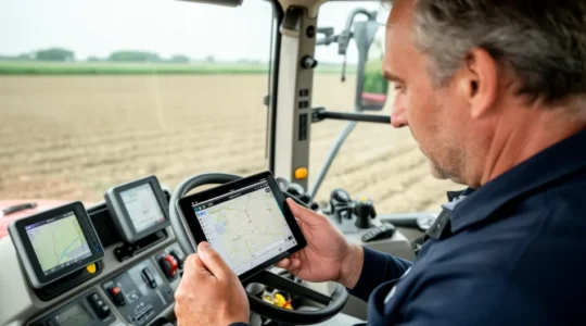 Agriculteur français consultant une tablette dans la cabine d'un tracteur moderne équipé GPS
