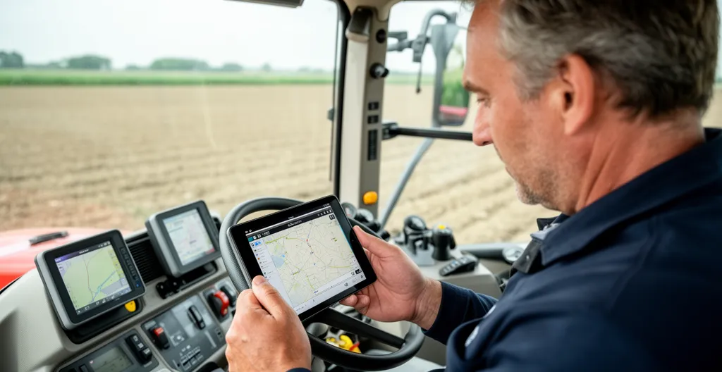 Agriculteur français consultant une tablette dans la cabine d'un tracteur moderne équipé GPS