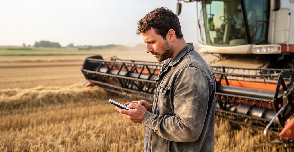 Chauffeur d'entreprise de travaux agricoles consultant son smartphone près d'une moissonneuse-batteuse