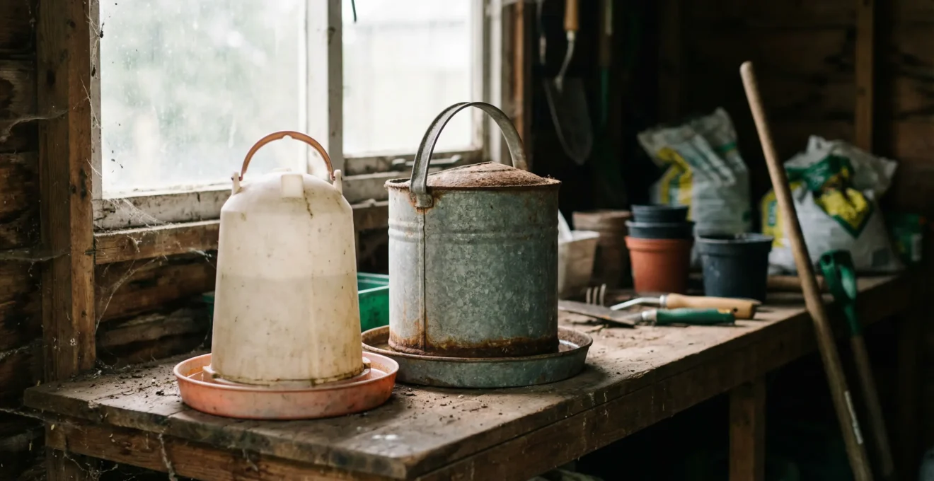 Abreuvoir plastique et abreuvoir galvanisé côte à côte pour comparaison des matériaux