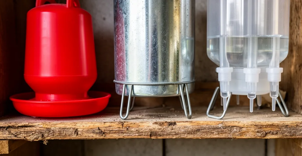 Trois abreuvoirs poules alignés : siphoïde plastique, galvanisé sur pieds et système pipettes