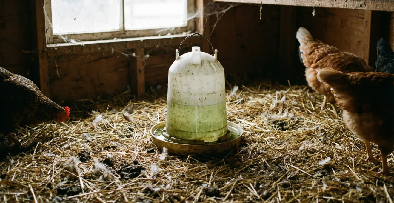 Abreuvoir plastique posé sur litière avec eau trouble montrant une contamination