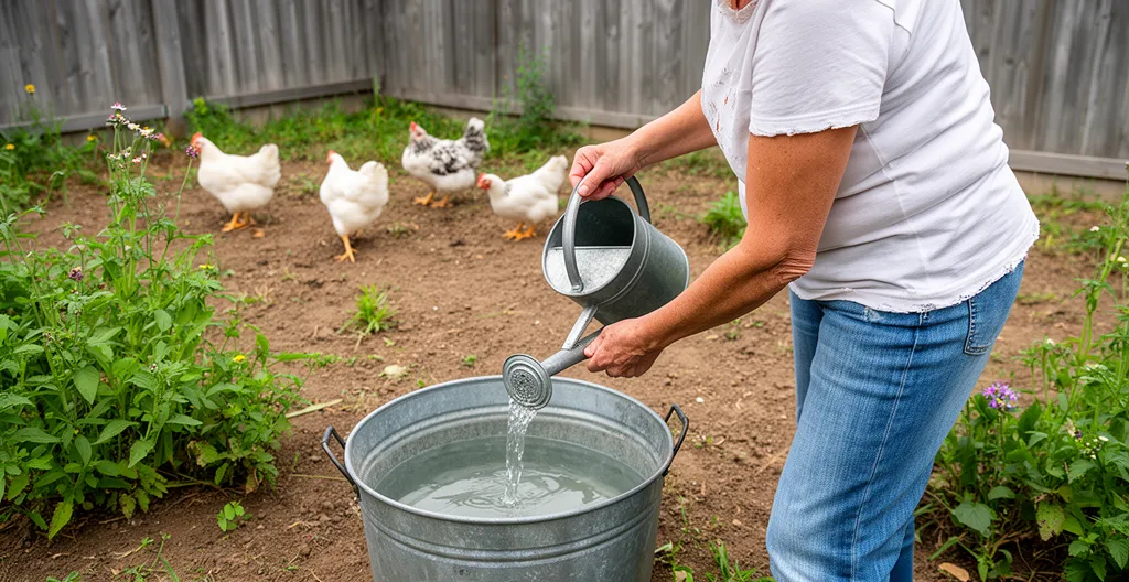 Éleveuse amateur remplissant un abreuvoir galvanisé dans un jardin potager