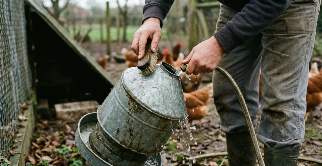 Personne nettoyant un abreuvoir galvanisé avec une brosse dans un jardin