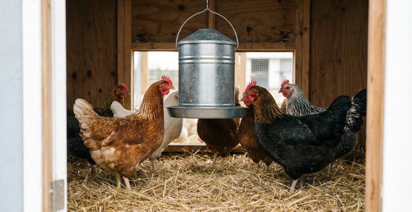Abreuvoir surélevé à hauteur du dos des poules dans un poulailler bien aménagé