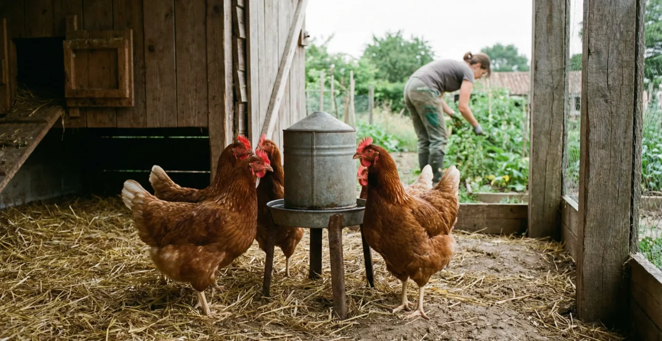 Poules pondeuses s'abreuvant dans un poulailler familial avec abreuvoir sur pied