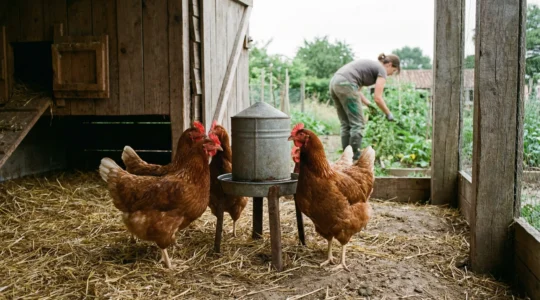 Poules pondeuses s'abreuvant dans un poulailler familial avec abreuvoir sur pied