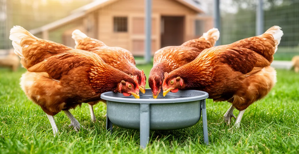 Poules pondeuses s'abreuvant à un siphoïde sur pieds dans un enclos extérieur