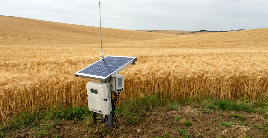 Station météo connectée installée en bordure d'un champ de blé en France