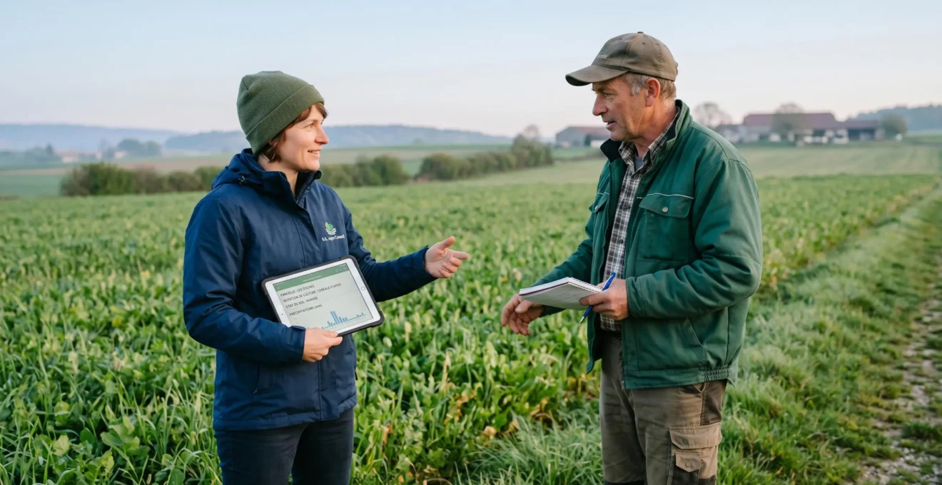 Conseiller agronomique et agriculteur debout au bord d'une parcelle, observant ensemble le sol et les cultures, échange professionnel collaboratif, lumière naturelle douce