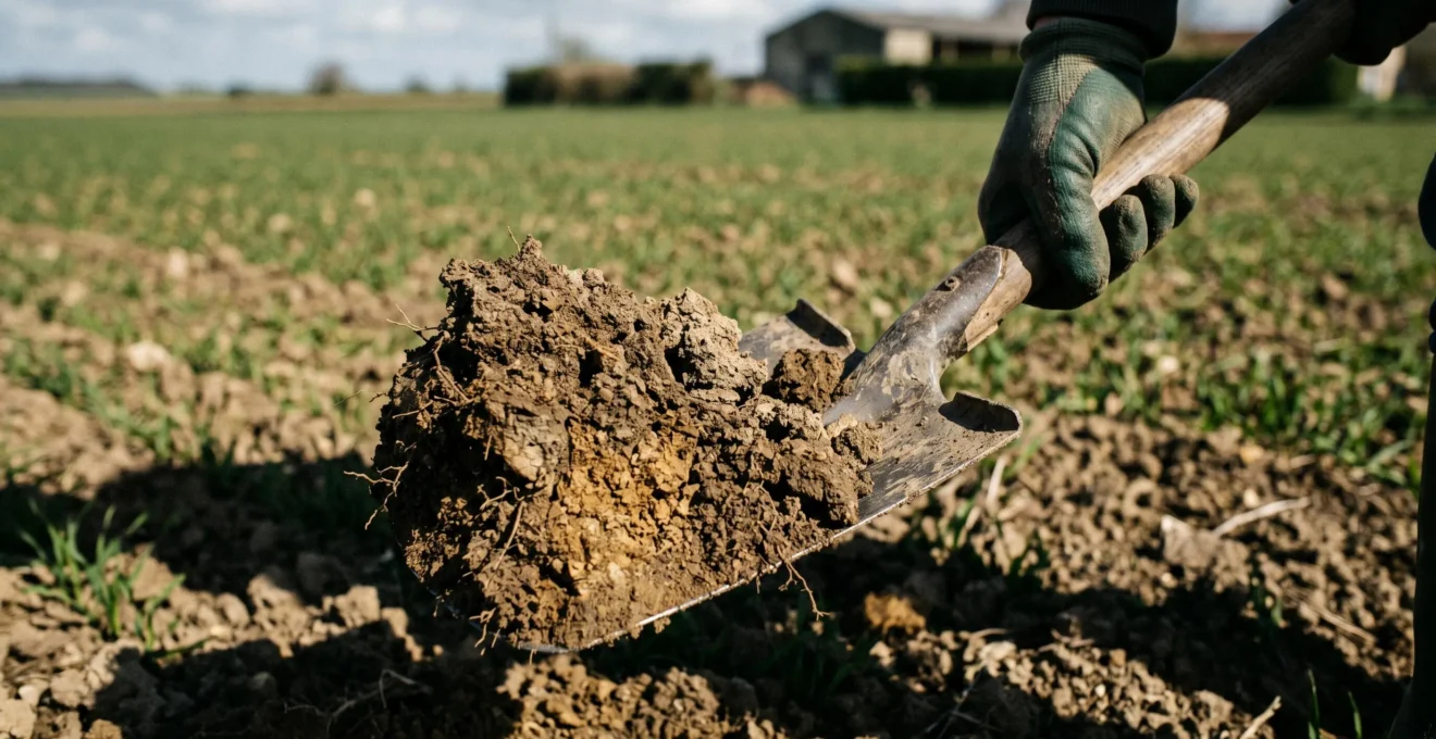 Gros plan sur une bêche enfoncée dans le sol agricole, motte de terre soulevée révélant structure interne et racines, main gantée d'agriculteur, lumière contrastée